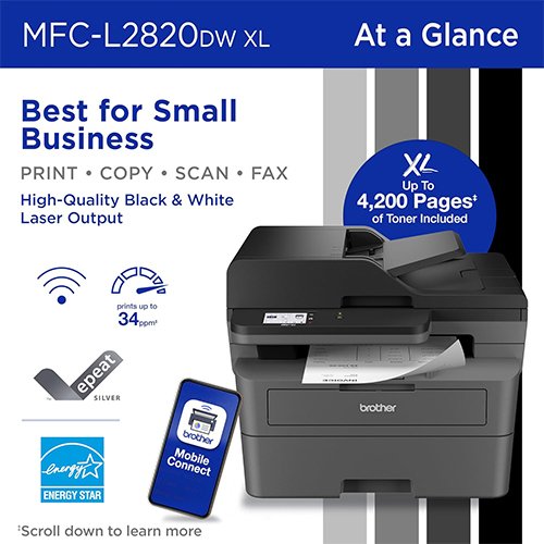 Brother MFC-L2820DW XL Wireless Compact Monochrome All-in-One Laser Printer with Copy, Scan and Fax, Duplex, Black & White | Up to 4,200 Pages of Toner Included(1), Works with Alexa - Image 2