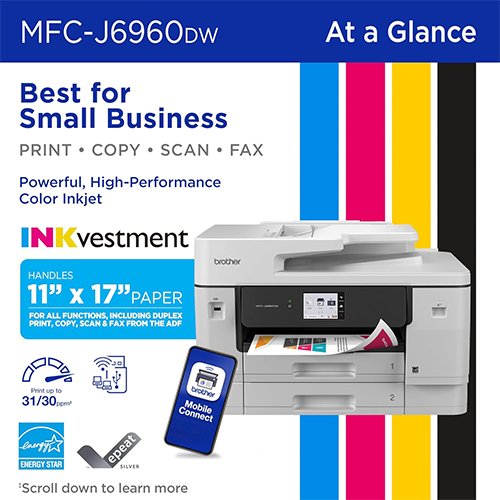 Brother INKvestment 6960 Wireless Color Inkjet All-in-One Printer with 11”x17” Capabilities and 3.5” Color Touchscreen | Includes Refresh Subscription Trial(1) (MFC-J6960DW) - Image 2