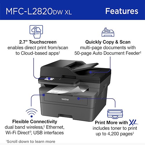 Brother MFC-L2820DW XL Wireless Compact Monochrome All-in-One Laser Printer with Copy, Scan and Fax, Duplex, Black & White | Up to 4,200 Pages of Toner Included(1), Works with Alexa - Image 3