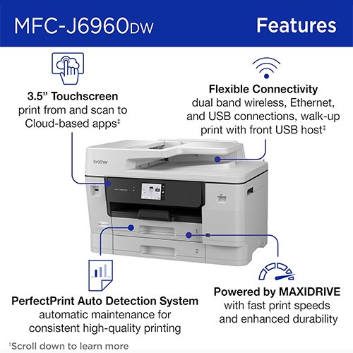 Brother INKvestment 6960 Wireless Color Inkjet All-in-One Printer with 11”x17” Capabilities and 3.5” Color Touchscreen | Includes Refresh Subscription Trial(1) (MFC-J6960DW) - Image 3