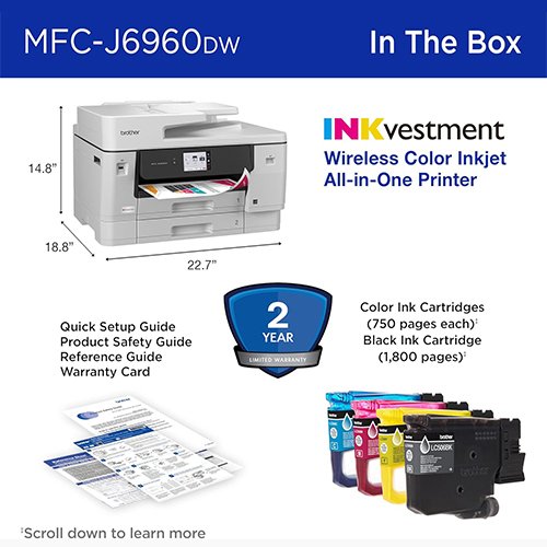 Brother INKvestment 6960 Wireless Color Inkjet All-in-One Printer with 11”x17” Capabilities and 3.5” Color Touchscreen | Includes Refresh Subscription Trial(1) (MFC-J6960DW) - Image 7